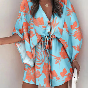 Summer Casual Dress Women Fashion Flying Sleeve V-neck Print Beach Party Dresses Elegant Lace Up Mini Dress Robe Femme 2023 New