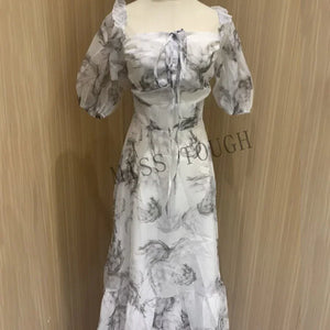 Summer Floral Print Dress Women Sexy French Style Vintage Party Midi Dresses Casual Korean Fashion Elegant Retro Dress 2024 New