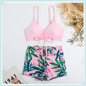 Tropical Print Drawstring Bikini Women High Waist Swimsuit Front Tie Shorts Swimwear Female Sexy Bathing Suit Beach Wear Summer