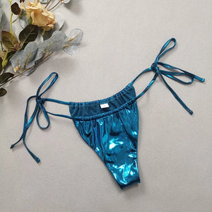 Gem Blue Glossy Bikini 2024 Women's Clothing Swimsuit Summer Beach Vacation Outfits Thong Bathing Suit Bandeau Backless Swimwear