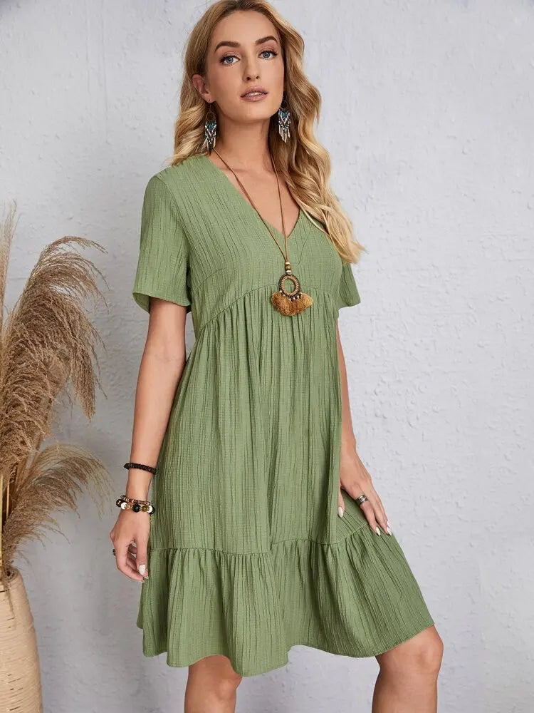 Vintage Solid Elegant Women Dress 2023 Summer Fashion Casual V-Neck High Waist A-Line Mini Dresses Lady Short Sleeve Party Dress