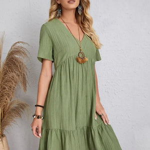 Vintage Solid Elegant Women Dress 2023 Summer Fashion Casual V-Neck High Waist A-Line Mini Dresses Lady Short Sleeve Party Dress