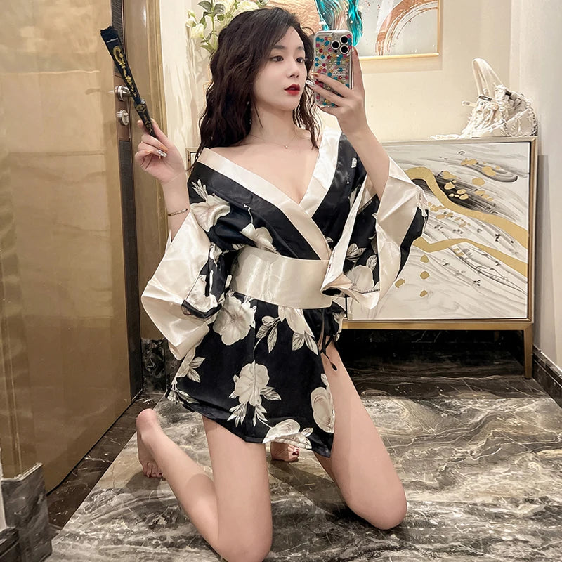 Japanese Kimono Sexy Cosplay Outfit for Women Traditional Style Robe Yukata Sakura Costume Pajamas Soft Silk Belt Lingerie Porno