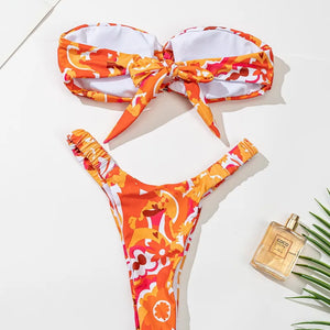 Para Praia Sexy Thong Bikini Floral Strapless Bandeau Swimwear Women Brazilian Swimsuit 2024 Thong Biquini Bandage Bathing Suit