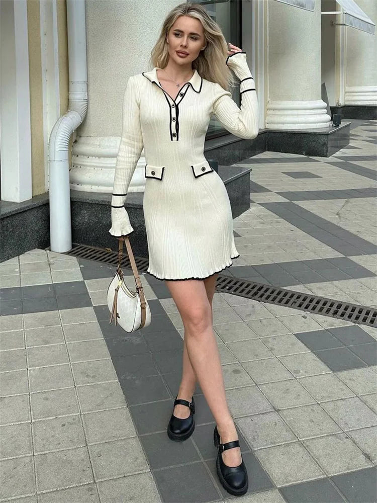 Tossy Ruffled Fashion Knit Dress Women Autumn Ribbed Contrast Long Sleeve High Waist Lapel Gown Dress Knitwear Ladies Maxi Dress