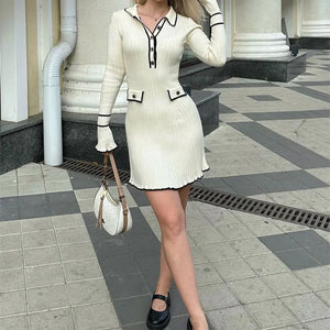 Tossy Ruffled Fashion Knit Dress Women Autumn Ribbed Contrast Long Sleeve High Waist Lapel Gown Dress Knitwear Ladies Maxi Dress