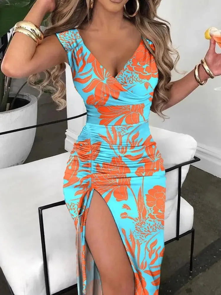 Summer Women Print Dress Fashion Casual Elegant V-neck Sleeveless Bodycon Beach Party Dresses Robe Femme 2024 New Vestidos