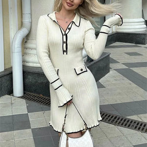 Tossy Ruffled Fashion Knit Dress Women Autumn Ribbed Contrast Long Sleeve High Waist Lapel Gown Dress Knitwear Ladies Maxi Dress