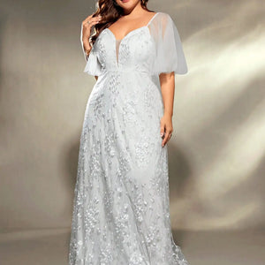 Mgiacy plus size V-neck gauze large trumpet sleeve patchwork embroidered lace A set wedding gown PROM dress Party dress