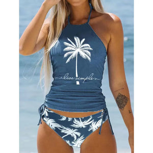 Women 2 Pieces Swimsuit Coconut Tree Print Swimwear Sexy Halter Lace-Up Swimwear Drawstring Bikini Top Push Up Beachwear Tankini