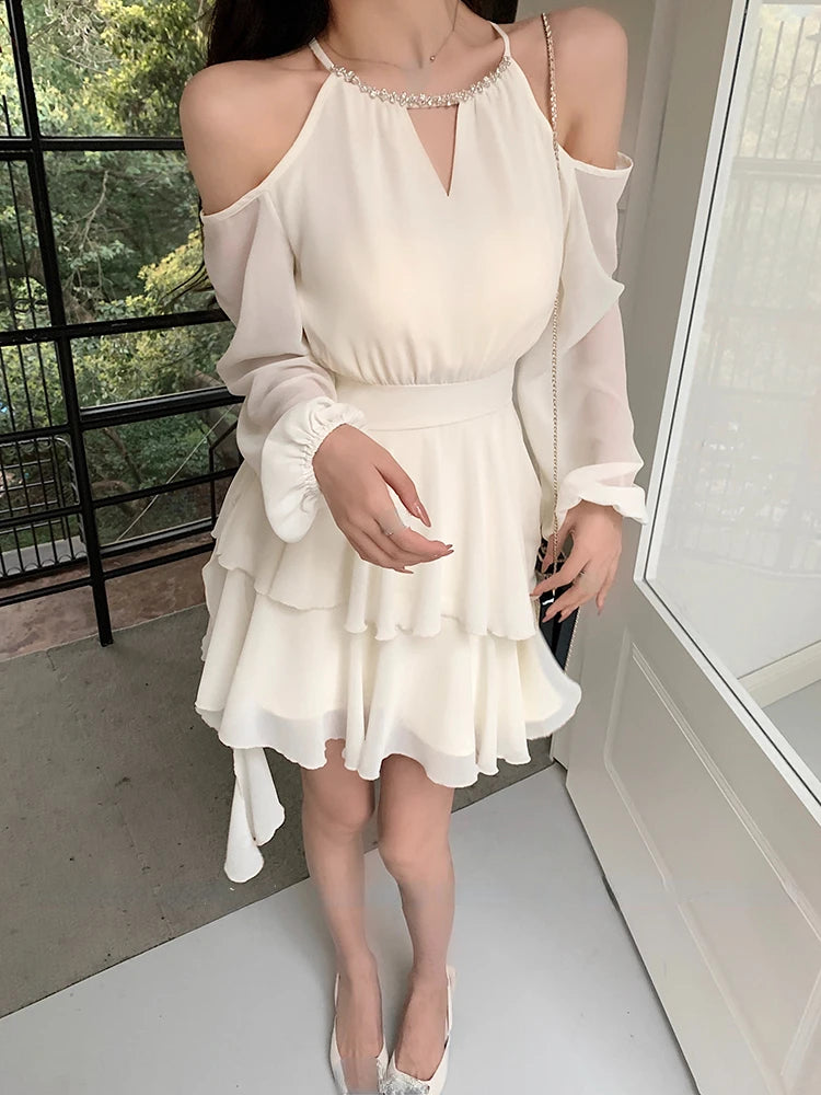 Jielur Summer Elegant Chiffon Mini Dress Women Long Sleeve Even Party Dresses Office Lady Chiffon One Piece Dress Korean Fashion