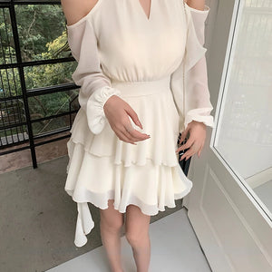 Jielur Summer Elegant Chiffon Mini Dress Women Long Sleeve Even Party Dresses Office Lady Chiffon One Piece Dress Korean Fashion