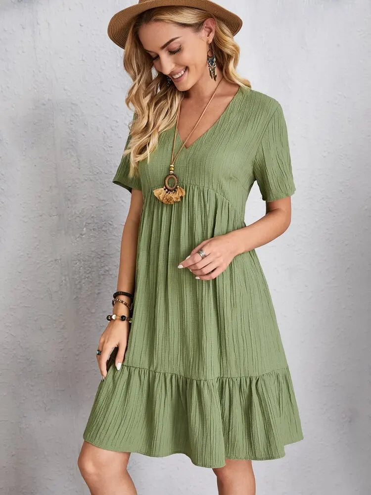 Vintage Solid Elegant Women Dress 2023 Summer Fashion Casual V-Neck High Waist A-Line Mini Dresses Lady Short Sleeve Party Dress