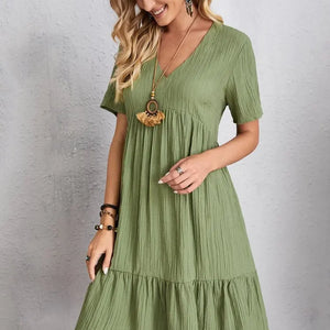 Vintage Solid Elegant Women Dress 2023 Summer Fashion Casual V-Neck High Waist A-Line Mini Dresses Lady Short Sleeve Party Dress