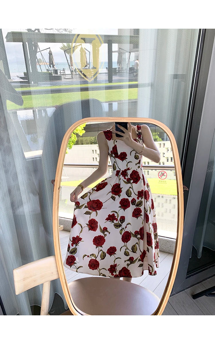 Women's Summer Elegant Floral Print Rose Strap Midi Dress Sleeveless Casual Beach Party Sundress Female Fashion A-Line Vestidos