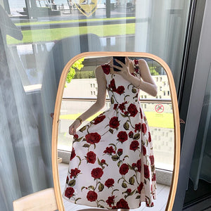 Women's Summer Elegant Floral Print Rose Strap Midi Dress Sleeveless Casual Beach Party Sundress Female Fashion A-Line Vestidos