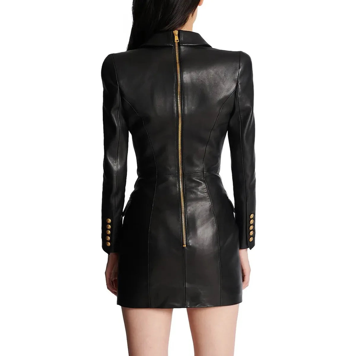 HIGH STREET Newest Fashion 2024 Designer Women's Lion Metal Buttons Faux Leather Blazer Dress