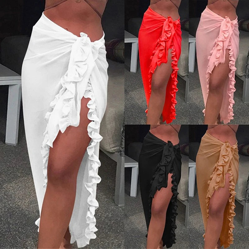 Women Chiffon See-Through Beach Bikini Cover Up Wrap Scarf Swimwear Pareo Sarong Dress Solid Ruffle Casual Beach Dress