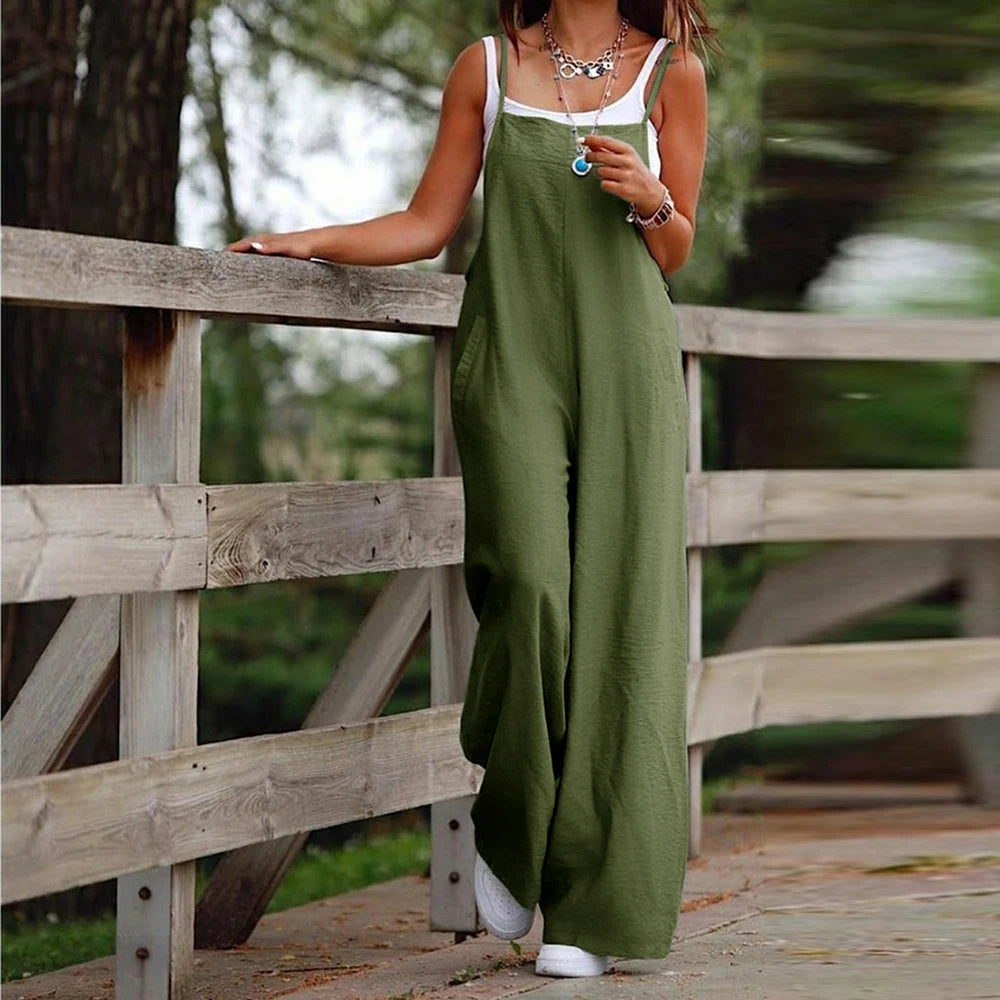 Plus Size L-5XL Solid Cotton Linen Wide Leg Pants Women New Jumpsuit Summer Casual Loose Sleeveless Pockets Bib Overalls Rompers