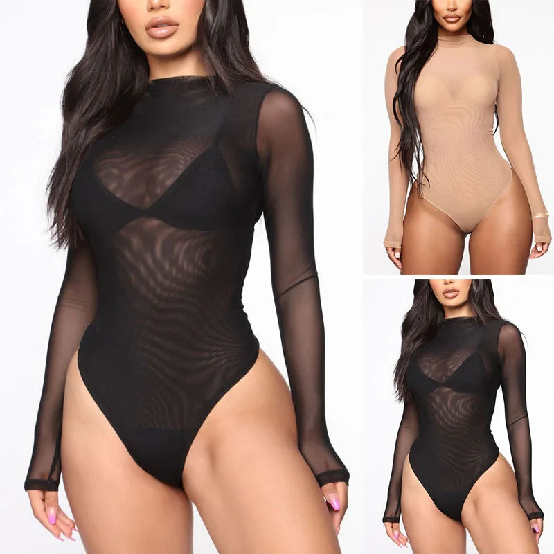 Sexy Women Transparent Bodysuit Solid Color Long Sleeve Party Club Jumpsuits Fashion Bodysuits Female Clothing