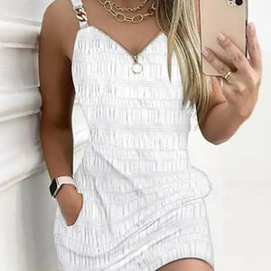 Elegant Dresses for Women Sexy V-Neck Zipper Design Textured Suspender Mini Dress New Fashion 2023 Summer Casual Female Clothing