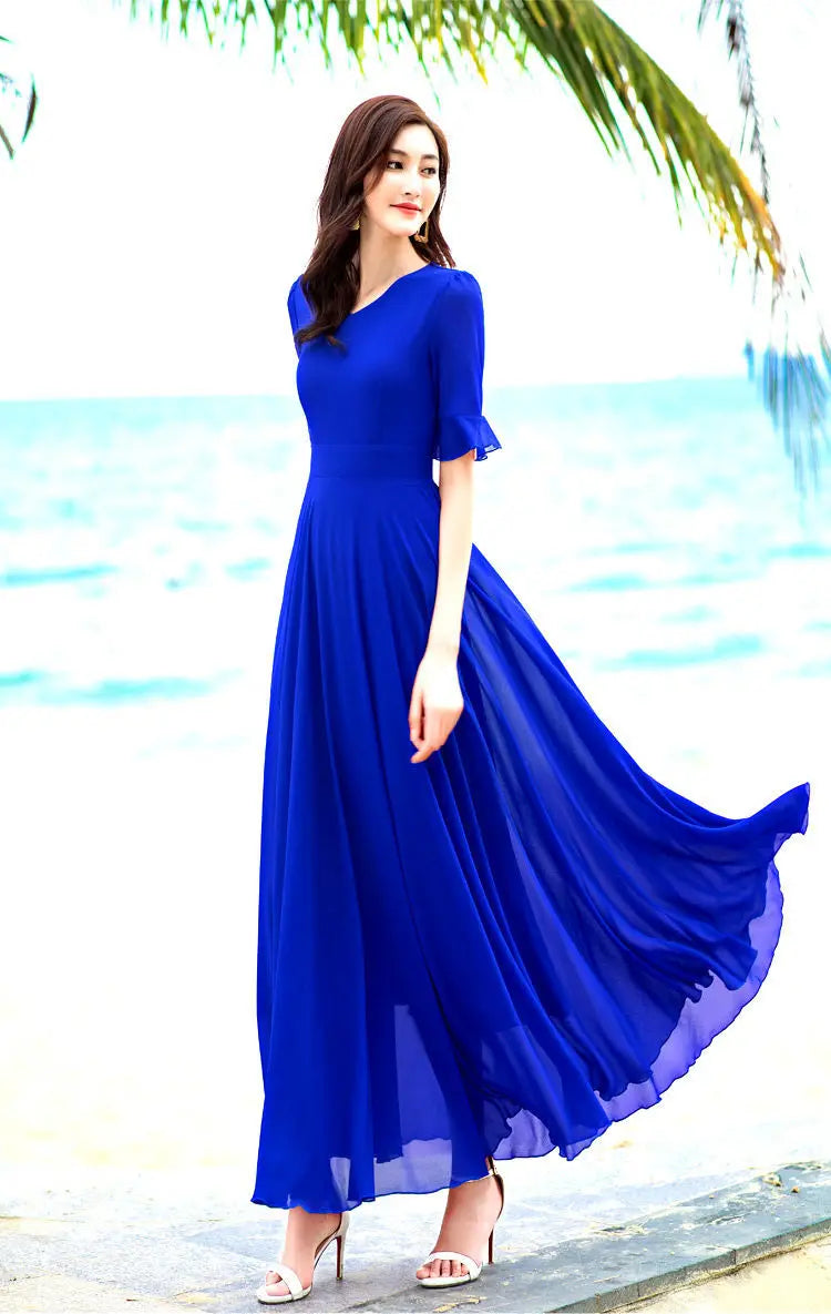 V-neck Elegant Fashion Short Sleeve Solid Color Slender Knee-length A-LINE Dresses Empire Comfortable Chiffon Women's Clothing