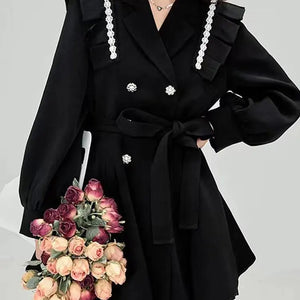 Korean Fashion Black Mini Blazer Dress Women Elegant Chic Sashes Button Design Dress Winter Casual Sexy Evening Party Dress New