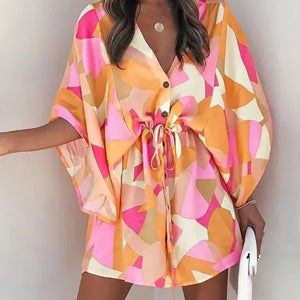 Summer Casual Dress Women Fashion Flying Sleeve V-neck Print Beach Party Dresses Elegant Lace Up Mini Dress Robe Femme 2023 New