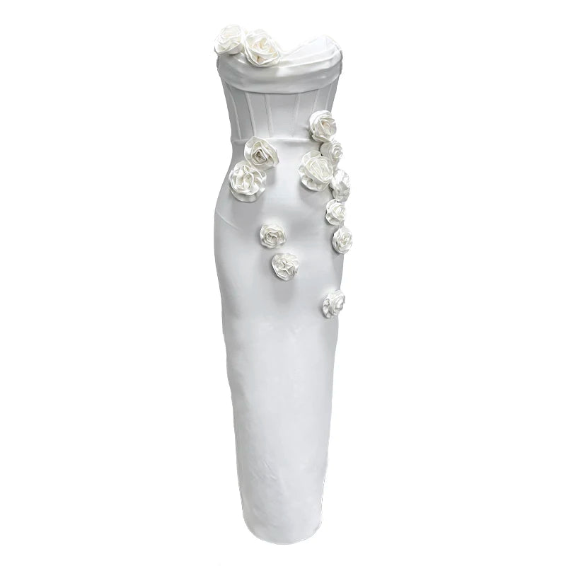 Factory Wholesale Women's White Flowers Strapless Tight Fashion Sexy Celebrity Cocktail Party Bandage Long Dress