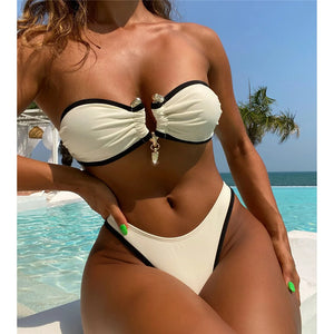 Bandeau Splicing Metal Ring Brazilian Bikini Women Swimwear Female Swimsuit Two-pieces Bikini set Bather Bathing Suit Swim V5651