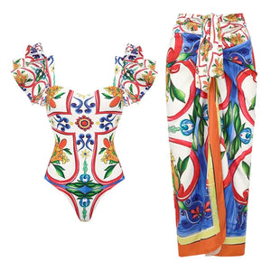 Retro Bikini Printed Fashion Two Piece Swimsuit And Cover Up With Pants Tight Women's Bandage Summer Beach Luxury Elegant