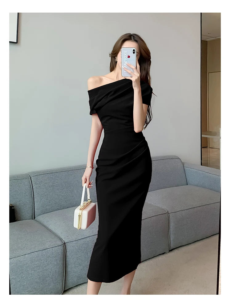 Elegant Off Shoulder Evening Party Dresses Women Summer Fashion Slim One Piece Solid Vestidos Korean Graduation Robe Clothing