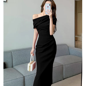 Elegant Off Shoulder Evening Party Dresses Women Summer Fashion Slim One Piece Solid Vestidos Korean Graduation Robe Clothing