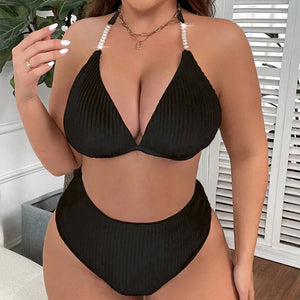 2024 Women Large Size Swimsuit Black White Pearls Strap Push Up High Waist Bikini Set Summer Beach Bathing Suit Swimwear Tankini