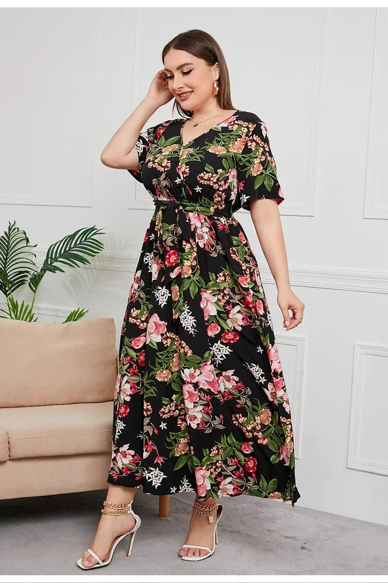 plus size New best-selling oversized loose V-neck dress for women with elastic waist  short sleeved printed long skirt