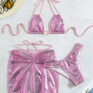 Sexy With Skirt Shiny Snake Skin Bikini Women Swimwear Female Swimsuit Three-pieces Bikini set Bather Bathing Suit Swim K4237