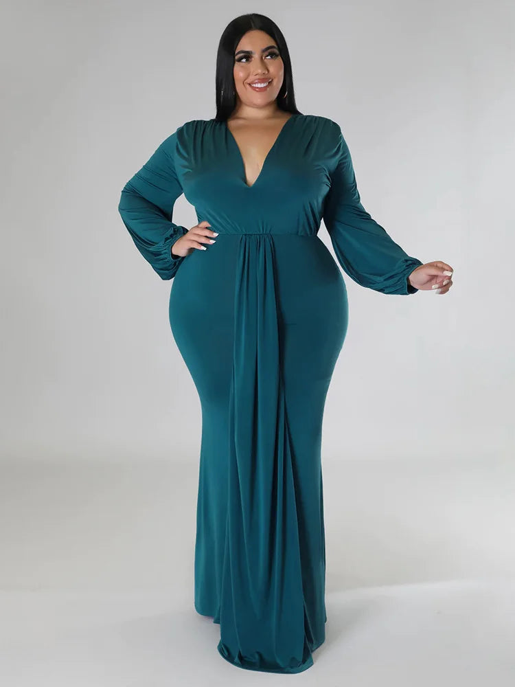 Wmstar Plus Size Party Dresses for Women Long Sleeve Stretch Sexy V Neck Elegant Maxi Dress Fall Clothes Wholesale Dropshipping