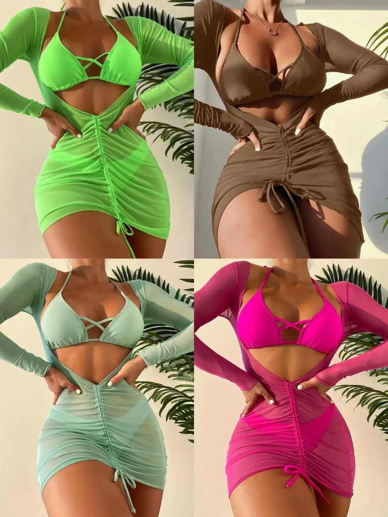 Long Sleeves Dress Bikini Set 2024 Women Neon Green Lace Up 3 Pieces Swimsuit Brazilian Bathing Suit Pleate Cover Up Swimwear