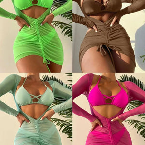 Long Sleeves Dress Bikini Set 2024 Women Neon Green Lace Up 3 Pieces Swimsuit Brazilian Bathing Suit Pleate Cover Up Swimwear