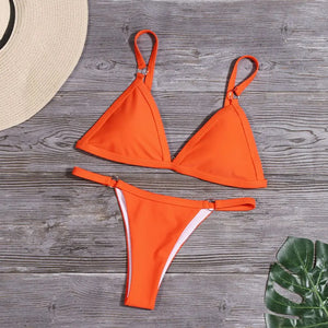 Beach Low Waist Solid Color Metal Buckle Sexy Two Piece Split Swimwear Bikini Set Swimsuit