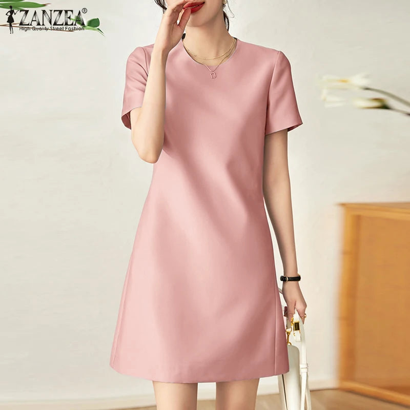 ZANZEA Summer Fashion OL Work Dress Woman Short Sleeve O-Neck Dresses Elegant Solid Knee Length Robe Casual Street Sundress 2023