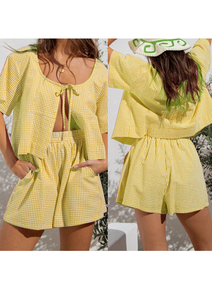 Women’s 2 Piece Outfits Short Sleeve Tie-up Front Tops + Pocket Shorts Set Streetwear Casual Summer Suit