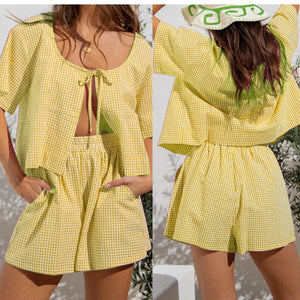 Women’s 2 Piece Outfits Short Sleeve Tie-up Front Tops + Pocket Shorts Set Streetwear Casual Summer Suit