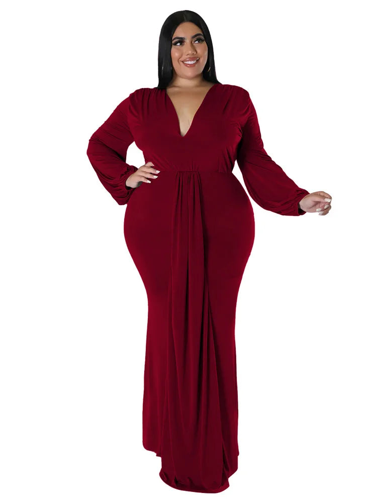 Wmstar Plus Size Party Dresses for Women Long Sleeve Stretch Sexy V Neck Elegant Maxi Dress Fall Clothes Wholesale Dropshipping