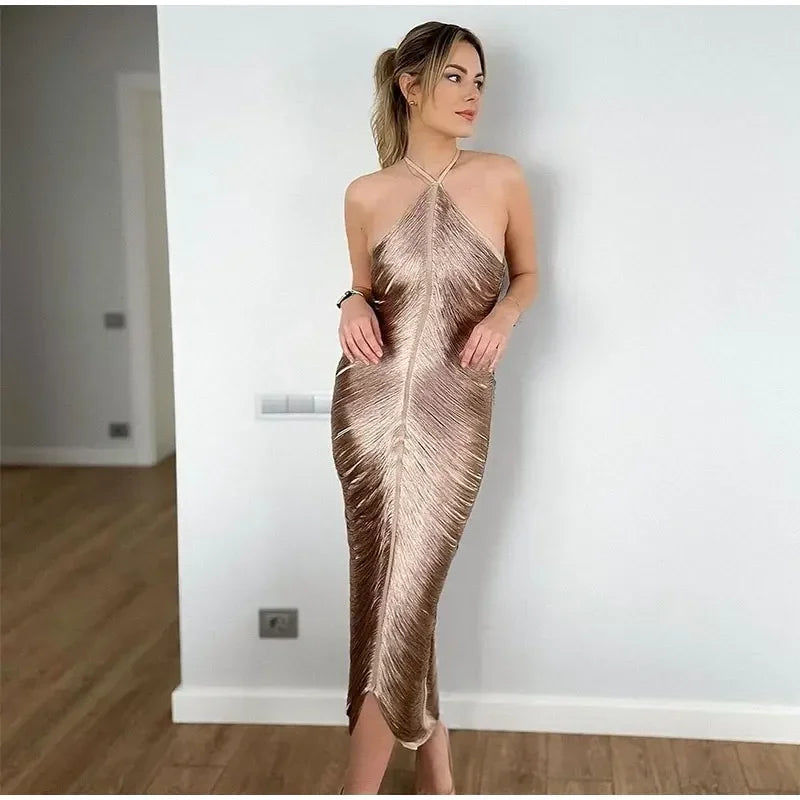 Women Sexy Tassel Back Slit Halter Dress Fashion Solid Off Shoulder Sleeveless Slim Long Dresses 2024 Lady Evening Party Robe