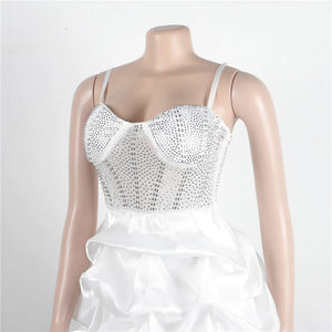 New Women Summer Strap Mesh Patchwork Diamonds Sexy Party Ball Gown Dresses 2023 Fashion Rhinestone Night Club Cake Dress White