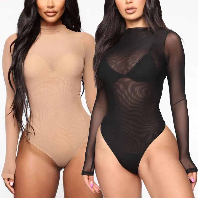 Sexy Women Transparent Bodysuit Solid Color Long Sleeve Party Club Jumpsuits Fashion Bodysuits Female Clothing