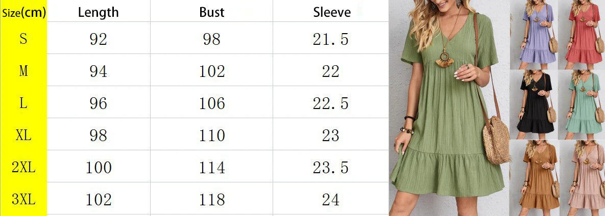 Vintage Solid Elegant Women Dress 2023 Summer Fashion Casual V-Neck High Waist A-Line Mini Dresses Lady Short Sleeve Party Dress