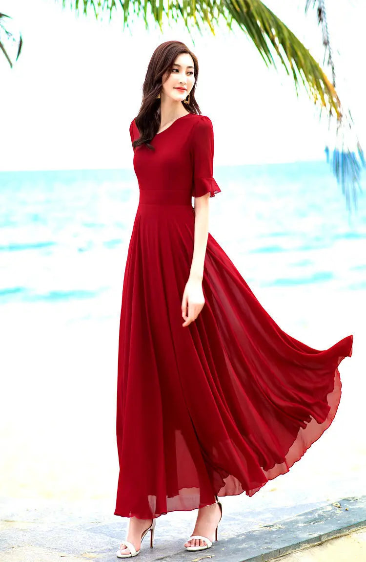 V-neck Elegant Fashion Short Sleeve Solid Color Slender Knee-length A-LINE Dresses Empire Comfortable Chiffon Women's Clothing