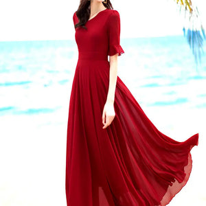 V-neck Elegant Fashion Short Sleeve Solid Color Slender Knee-length A-LINE Dresses Empire Comfortable Chiffon Women's Clothing